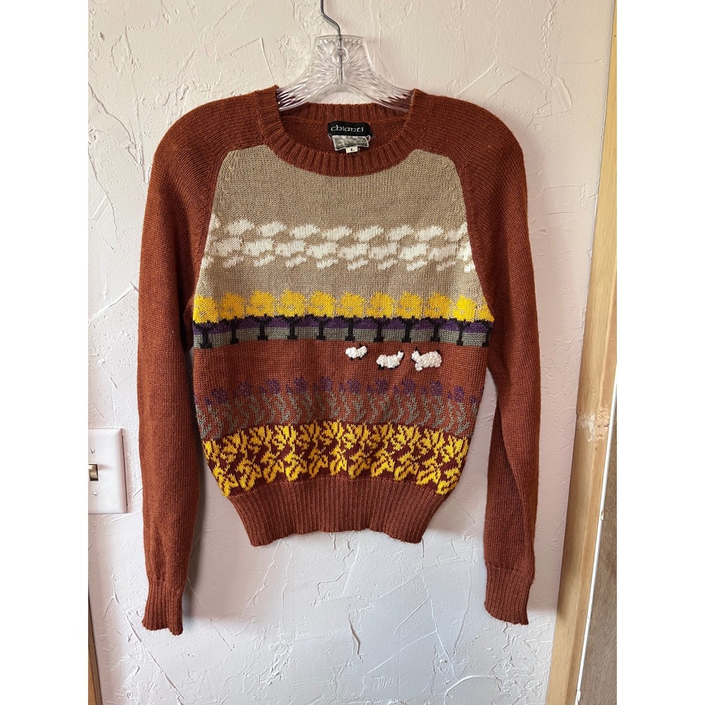 Vintage Chianti Landscape Sheep Sweater Rust Tan Intarsia Knit Crew Neck‎ Large